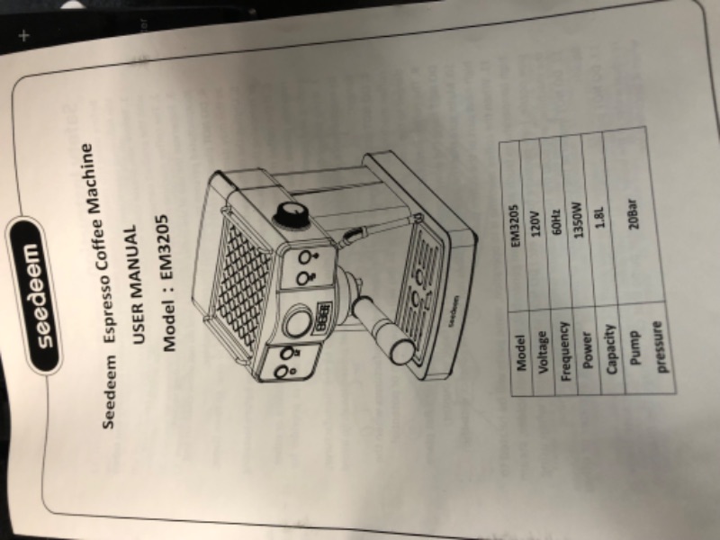 Photo 4 of **PARTS/REPAIR ONLY, SEE NOTES**  SEEDEEM Espresso Machine,20 Bar Espresso Maker with Milk Frother,Stainless Steel Latte and Cappuccino Machine with 1.8L(60 Fl Oz) Removable Water Tank