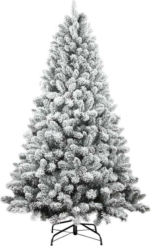 Photo 1 of 5FT Flocked Artificial Christmas Tree,Flocked Holiday Christmas Pine Tree with Pinecone, Snow Flocked Xmas Tree,Party Decoration 600 Branch Tips?Reinforced Metal Base & Easy Assembly by Maylaviu