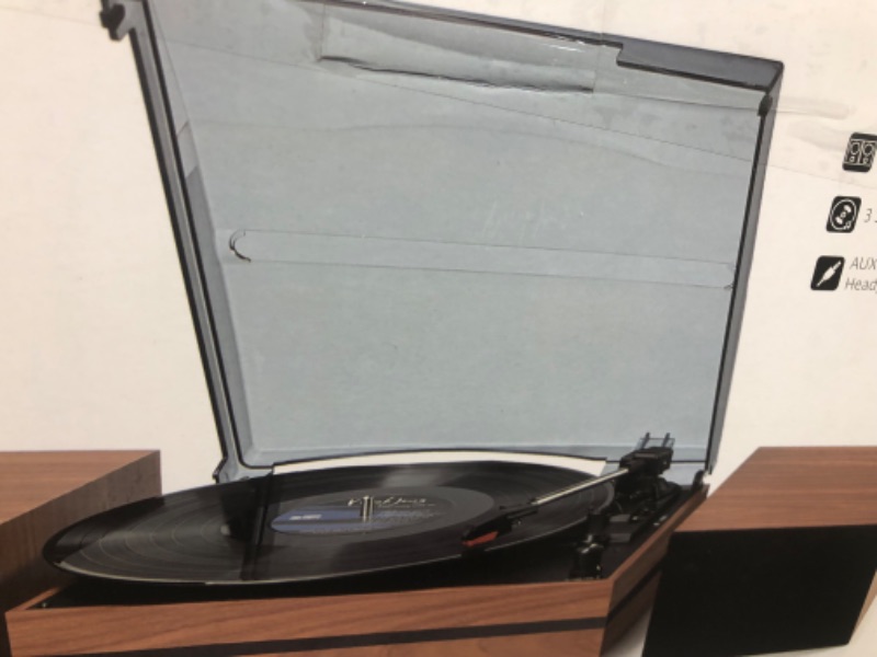Photo 1 of Record Player for Vinyl with External Speakers, Belt-Drive Turntable with Dual Stereo Speakers Vintage Vinyl LP Player Support 3 Speed Wireless AUX Headphone Input Auto Stop for Music Lover Vintage Red Come with Two External Speakers