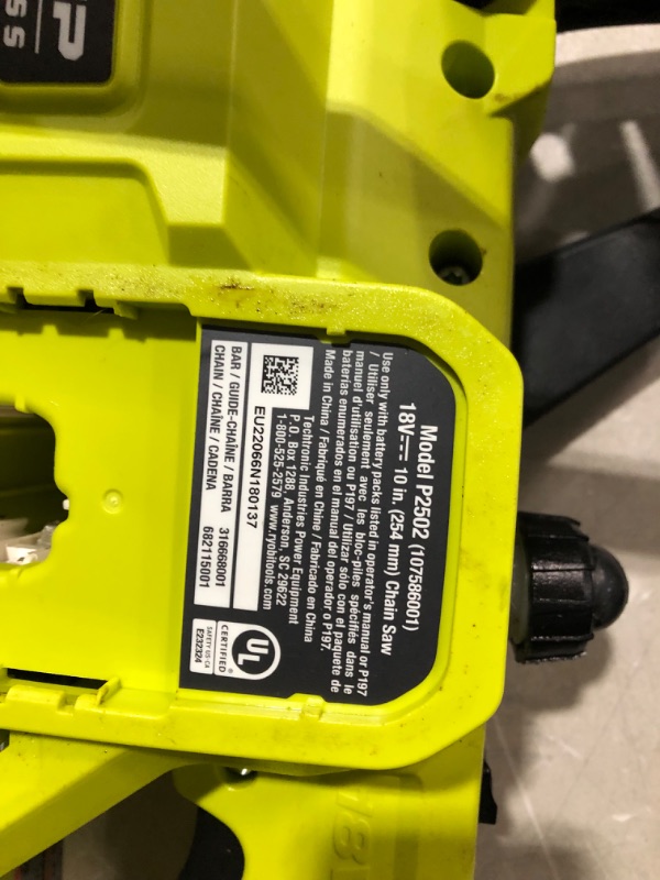 Photo 7 of *PREV USED*
RYOBI ONE+ HP 18V Brushless 10 in. Cordless Battery Chainsaw (Tool Only) P2502BTL 0