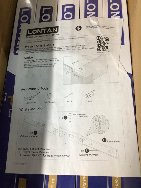 Photo 5 of 10 Pairs Push to Open Drawer Slides Heavy Duty Cabinet Drawer Slides 20inch -LONTAN Full Extension Ball Bearing Drawer Slides and Glides Dresser Kitchen,100 LB Capacity Runner 20 Inch 10 pair