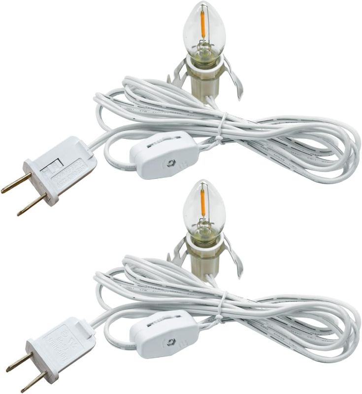 Photo 2 of  2 Pack Accessory Cord with LED Night Light Bulbs - White Cord with On/Off Switch Plugs - C7 led Bulb Warm White with Spare Fuse for Holiday Decoration and Craft Village House Decoration