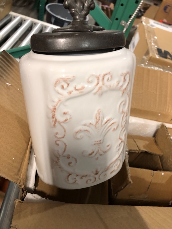 Photo 2 of *SEE NOTES* American Atelier White 3-Piece Fleur de Lis Canister Set, 46.0 ounces