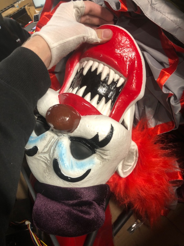 Photo 3 of Haunted Hill Farm Motion-Activated Startling Arms Clown by Tekky, Talking Scare Prop Animatronic for Indoor or Covered Outdoor Creepy Halloween Decoration, Plug-in or Battery Operated 78" Startling Arms Clown