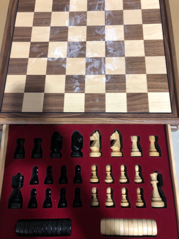 Photo 3 of A&A 15 inch Walnut Wooden Chess Sets w/ Storage Drawer / Triple Weighted Chess Pieces - 3.0 inch King Height/ Walnut Box w/Walnut & Maple Inlay / 2 Extra Queen / Classic 2 in 1 Board Games/ Chess Only Triple Weighted Pieces w/ Walnut Box