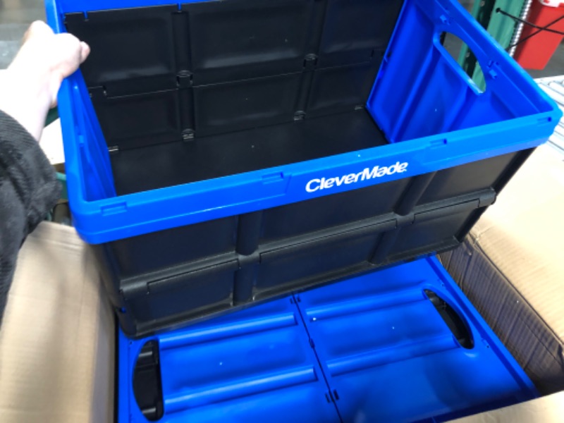 Photo 3 of **NONREFUNDABLE**FOR PARTS OR REPAIR**SEE NOTES**
CleverMade 62L Collapsible Storage Bins with Lids - Folding Plastic Stackable Utility Crates, 3 Pack, Blue & 45L Collapsible Storage Bins, Plastic Stackable Grated Wall Utility Containers, 3 Pack