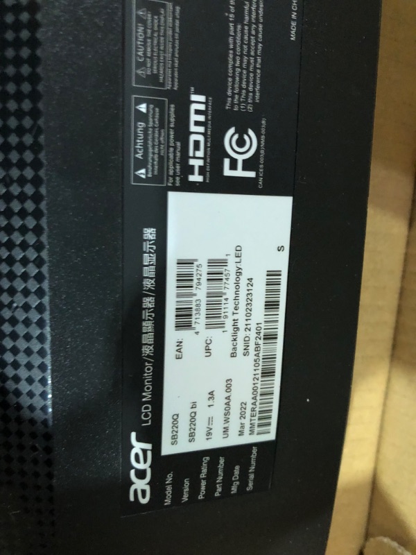 Photo 1 of Acer SB220Q Bi 21.5" Full HD (1920x1080) IPS Ultra-Thin Zero Frame Monitor