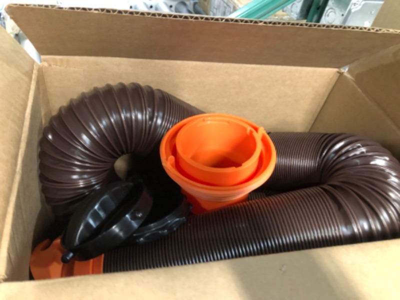 Photo 2 of Camco RhinoFLEX RV Sewer Hose Kit with Swivel Transparent Elbow and 4-in-1 Dump Station Fitting, Brown, 15 Feet 