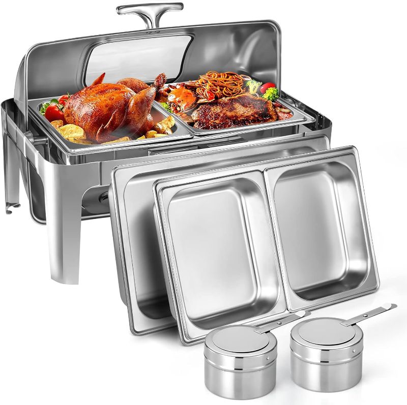 Photo 1 of (READ NOTES) Chafing Dish Buffet Set, 9 QT Stainless Steel Roll Top Chafing Server Set, Food Warmers for Parties, 6 Pack 9 QT