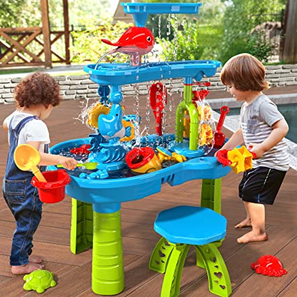 Photo 1 of TEMI Kids Sand Water Table for Toddlers, 3-Tier Sand and Water Play Table Toys for Toddlers Kids, Activity Sensory Tables Outside Beach Toys for Toddler Boys Girls Age 3-5