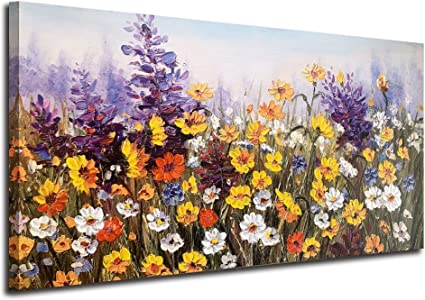 Photo 2 of Ardemy Flowers Wall Art Canvas Daisy Colorful Bloosom Artwork Modern Landscape Painting, Purple Yellow Floral Picture Large Size Framed for Living Room Bedroom Bathroom Office Home Decor, 40"x20" 40"x20" Colorful Flowers