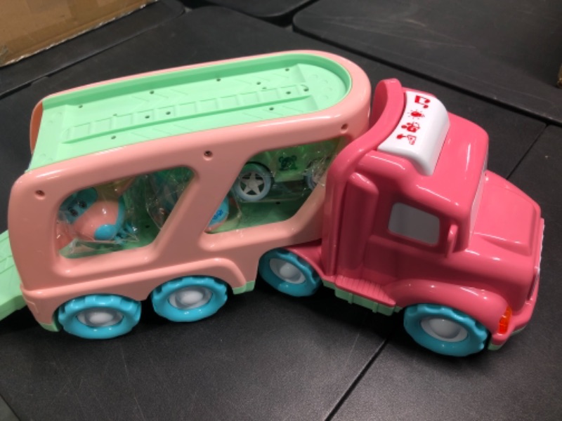 Photo 2 of Cartoon Vehicles Playset Transport Car Carrier Truck with Sounds & Lights, Cars Toys for 1 2 3 4 Year Olds Toddler Kids Boys & Girls, 4 Mini Macaron Friction Power Police Car/Taxi/Airplane/Helicopter Macaron Vehicles One Size