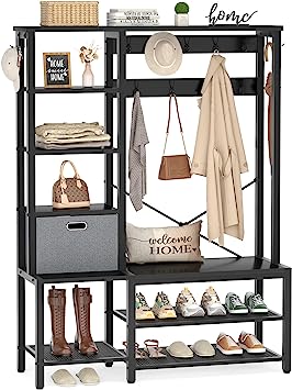 Photo 4 of Aheaplus Hall Tree with Storage Bench, Coat Rack, 5-Tier Shelves, Fabric Storage Basket, Side hooks, Industrial 5 in 1 Large Organizer, 72 inch,Wood Look Accent Furniture-Sturdy Metal Frame, Black Oak