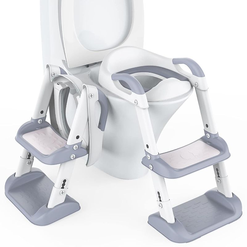 Photo 1 of Babevy Potty Training Toddler Seat with Ladder, Double Step Potty Step Stool for Kids, Foldable Potty Toilet Seat with PU Cushion, 6-Leves Height and Wide Anti-Slip Pad for Baby Boys Girls, Light Grey