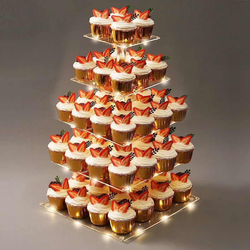 Photo 1 of 5 Tiers Cupcake Stand with LED String for 64 Cupcakes Dessert Tower - Square