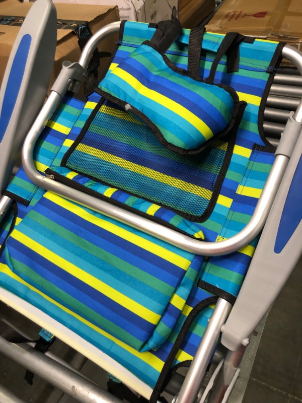 Photo 1 of Beach Folding 13 Inch High Seat Backpack Beach or Camping Chair, Aluminum, Green/Blue Stripe