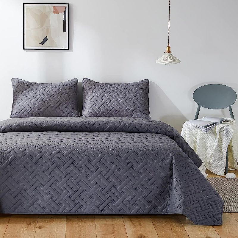 Photo 1 of beeweed Quilt Set Queen Size 3 Pieces, Lightweight Microfiber Basket Pattern Bedspreads for All Season, Grey Soft Summer Coverlet Set with Ultrasonic Quilting Technology (1 Quilt, 2 Pillow Shams)
