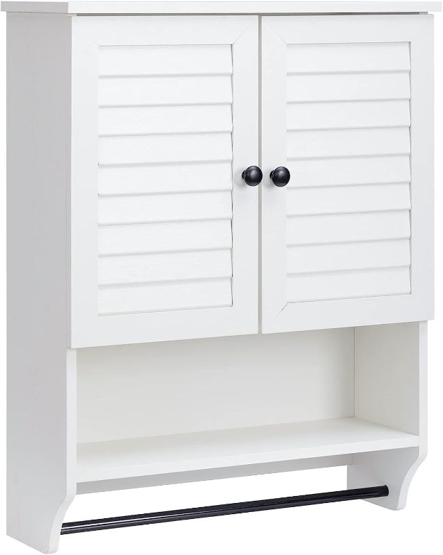 Photo 1 of ALIMORDEN Wood Wall Storage Cabinet with Double Shutter Doors, White Bathroom Medicine Cabinet with Towel Bar, White
