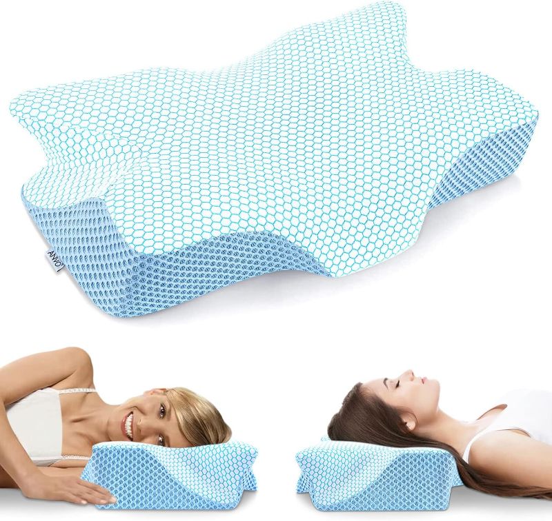 Photo 1 of Anvo Cervical Memory Foam Pillows for Neck Pain, Neck Pillows for Pain Relief Sleeping, Contour Orthopedic Pillow for Side Back Stomach Sleeper - Blue, Firm
