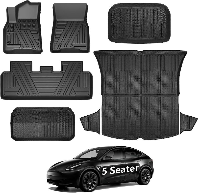 Photo 1 of  Floor Mats for Tesla Model Y 2023 2022 2021 2020 Accessories, All Weather Trunk Mats Cargo Liners Waterproof Non-Slip for Tesla Model y Floor mats, TPE Full Set Floor Liners, 8PCS