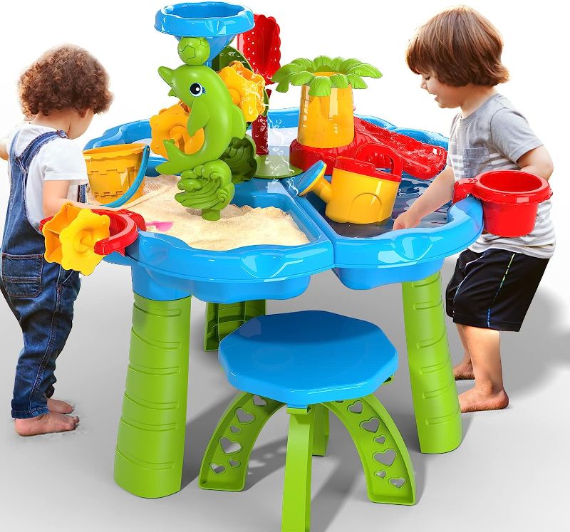Photo 1 of TEMI 3-in-1 Sand Water Table, 28PCS Kids Beach Summer Toys Sandbox Table for Outdoor Activity, Sensory Play Table with Dolphin Water Wheel, Molds, Bucket, Shovel for Toddlers Boys Girls