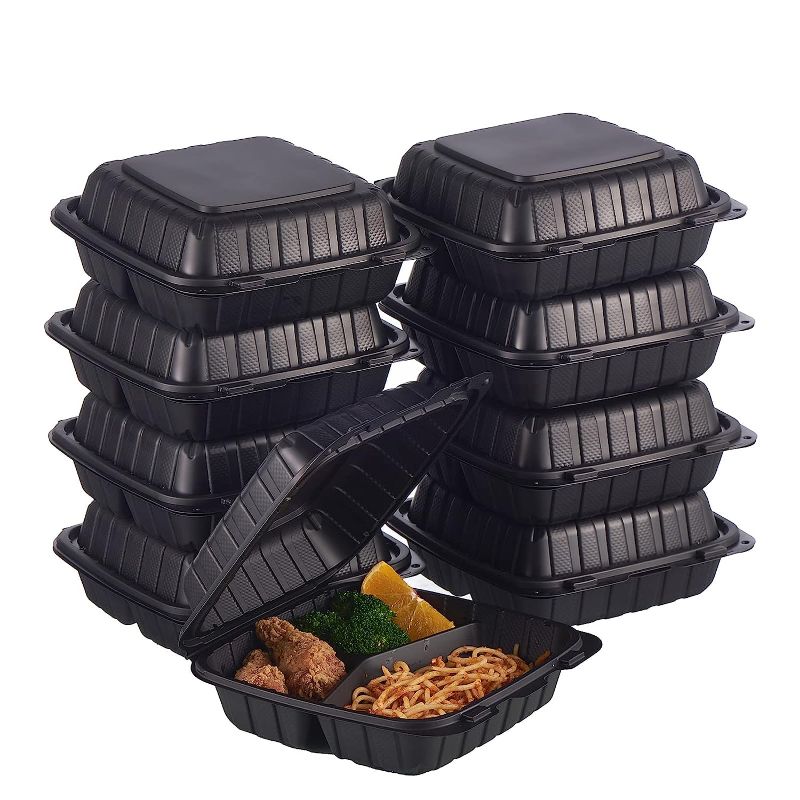 Photo 1 of 8X8" 3-Compartment 50-Pack Plastic Clamshell Takeout Food Trays Heavy Duty Togo Disposable Box For Pasta Salad Sandwich Carryout Meal Prep Packaging Catering Hinged Containers With Secure Snap Lid