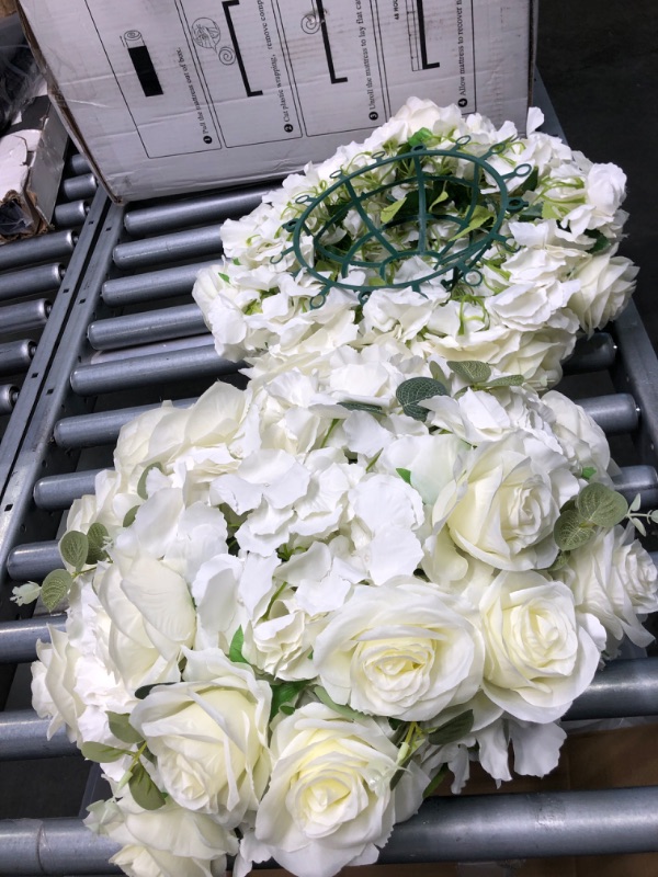 Photo 2 of Artificial Flower Balls Wedding Centerpieces: Blosmon 2pcs Large White Fake Flowers Rose Hydrangea Ball Arrangement Center Pieces for Table Artificial Silk Floral Bouquet for Wedding Party Home Decor Diam 15.7" - 2 Pcs White