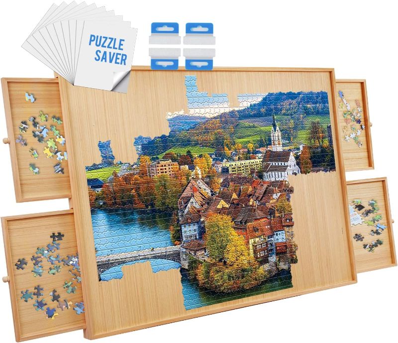 Photo 1 of 1500 Piece Wooden Jigsaw Puzzle Table - 4 Drawers and Cover, 34" X 26.1" Puzzle Board | Jigsaw Puzzle Board | Puzzle Cover & Hangers & Glue Included | Portable Puzzle Table for Adults and Kids