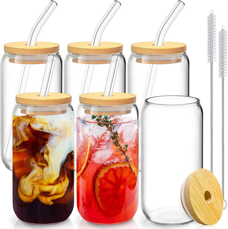 Photo 1 of 6 Pcs Drinking Glasses with Bamboo Lids and Glass Straw - 16 Oz Can Shaped Glass Cups Beer Glasses Ice Coffee Glasses Cute Tumbler Cup Great for Soda Boba Tea Cocktail Include 2 Cleaning Brushes [6 Set - Glasses & Straws & Lids]