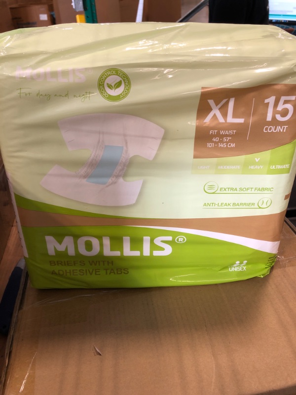 Photo 2 of MOLLIS Adult Diapers for Women and Men, Unisex Disposable Incontinence Briefs with Tabs, Maximum Absorbency, Overnight Leak Protection, X-Large, 15 Count X-Large (15 Count)