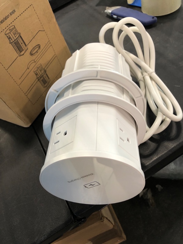 Photo 1 of ANNQUAN Automatic Pop Up Countertop Outlet with 15W Wireless Charger, 4.7'' Pop Up Outlet for Kitchen Countertop, Pop Up Power Outlet with 4 Outlets, 2 USB-A Ports Pop Up Socket(White)