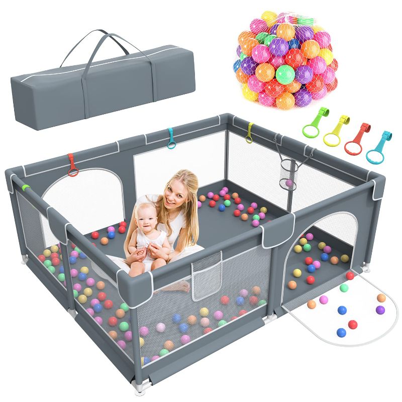 Photo 1 of aby Playpen, 79 x 63 Inches Extra Large Playpen with 50 PCS Ocean Balls, Indoor & Outdoor Kids Activity Center, Infant Safety Gates with Breathable Mesh,Sturdy Play Yard for Babies and Toddlers