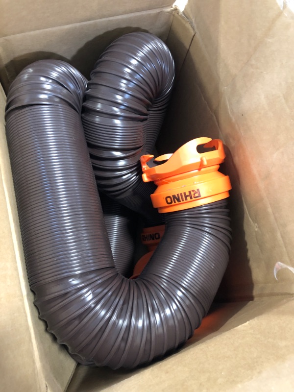 Photo 3 of Camco RhinoFLEX RV Sewer Hose Kit with Swivel Transparent Elbow and 4-in-1 Dump Station Fitting, Brown, 15 Feet (39770) 15ft Sewer Hose Kit Frustration-Free Packaging