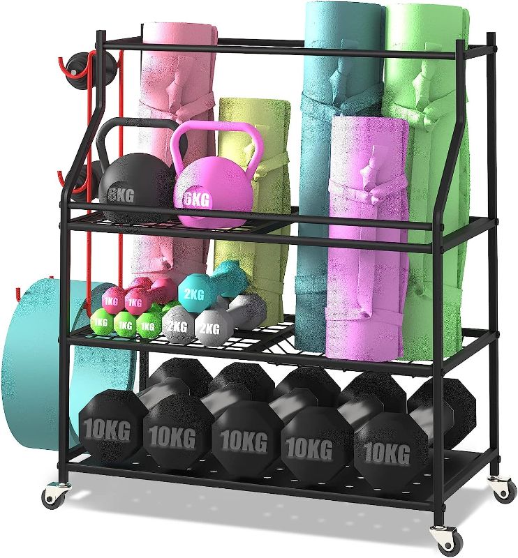 Photo 1 of VILAWLENCE Home Gym Storage Rack Cart for Dumbbells for Large Rolling Yoga Mat Dumbbells Kettlebells and Strength Training Equipment, Dumbbell Weight Rack with Wheels and Hanging Hooks