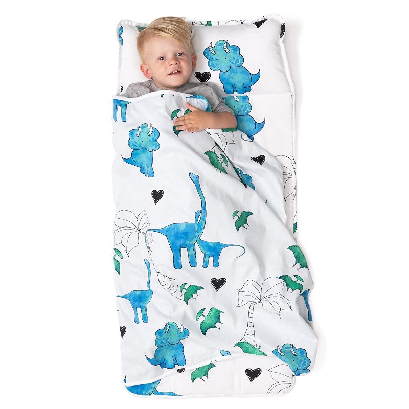 Photo 1 of JumpOff Jo - Toddler Nap Mat - Sleeping Bag for Kids with Removable Pillow for Preschool, Daycare, and Sleepovers - Measures 43 x 21 Inches with Original Design - Blue Dino
