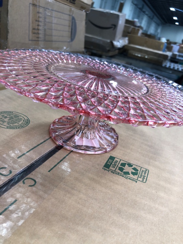 Photo 3 of Amici Home Rochester Footed Glass Cake Stand | Round Vintage Style Cake Plate | Serving Platter for Cupcakes, Cookies, Birthday Cake | Dessert Display Stand for Parties, Weddings, and Gift (Pink)