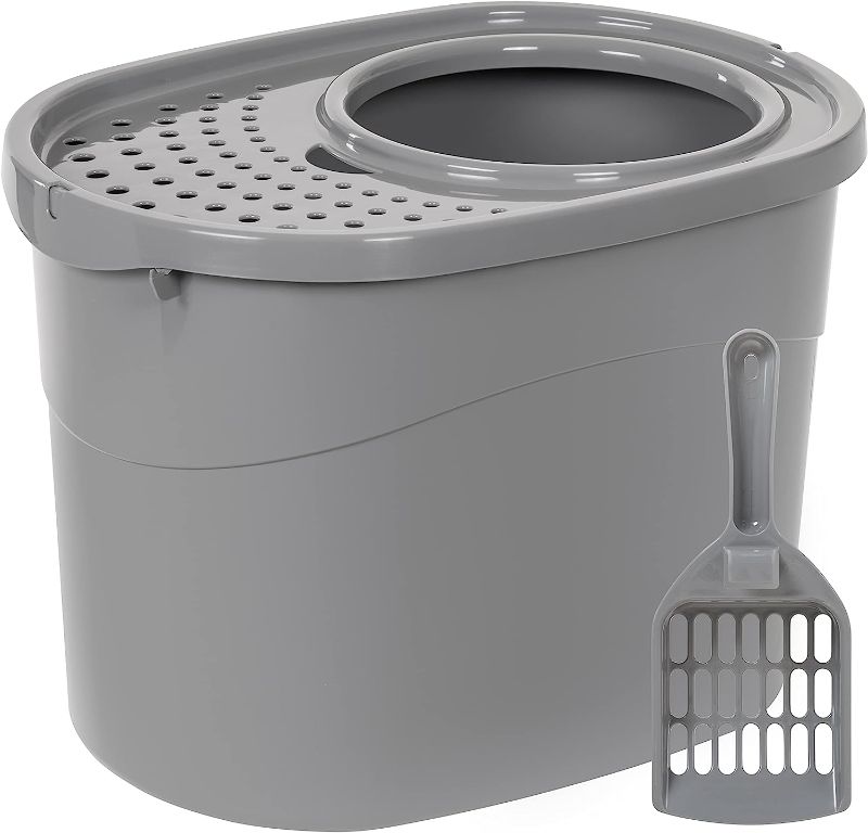 Photo 1 of Amazon Basics Top Entry Cat Litter Box and Scoop, Oval, Grey, 20.5 x 14.75 x 14.38 inches