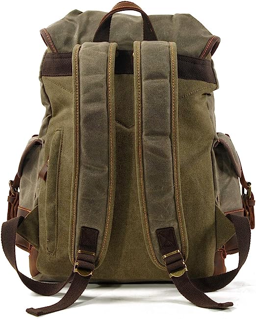 Photo 2 of Men Travel Backpack, Genuine Leather-Waxed Canvas Shoulder Hiking Rucksack