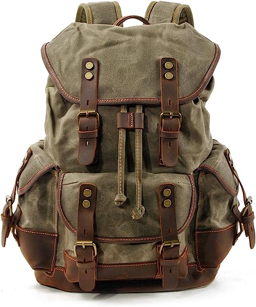 Photo 1 of Men Travel Backpack, Genuine Leather-Waxed Canvas Shoulder Hiking Rucksack