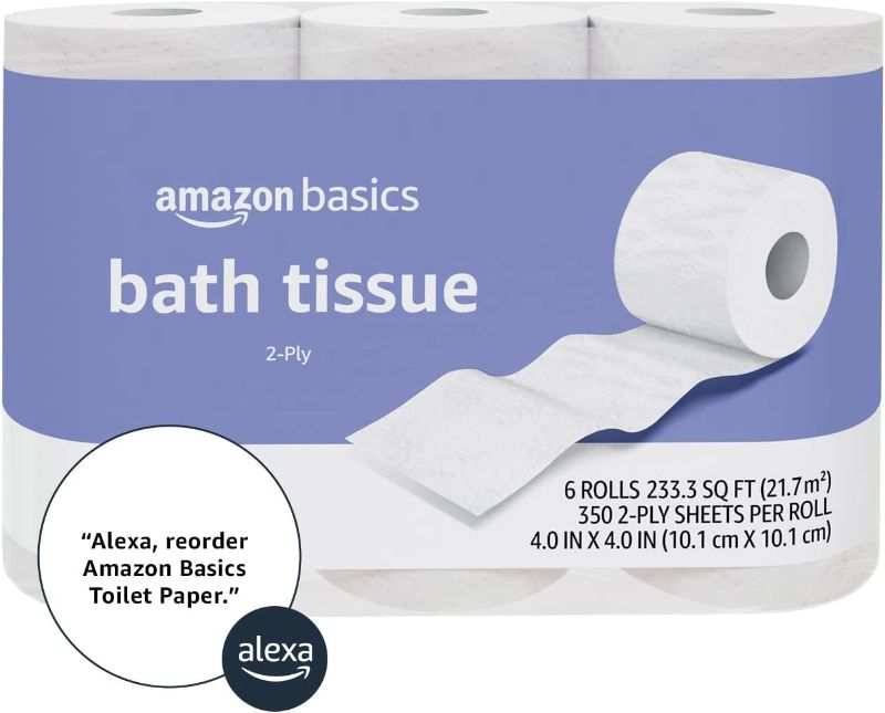 Photo 1 of Amazon Basics 2-Ply Toilet Paper, Unscented, 30 Rolls (5 Packs of 6), White (Previously Solimo)
