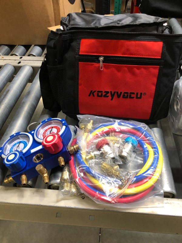 Photo 5 of Kozyvacu AUTO AC Repair Complete Tool Kit with 1-Stage 3.5 CFM Vacuum Pump, Manifold Gauge Set, Hoses and its Acccessories … (KZTA35011)