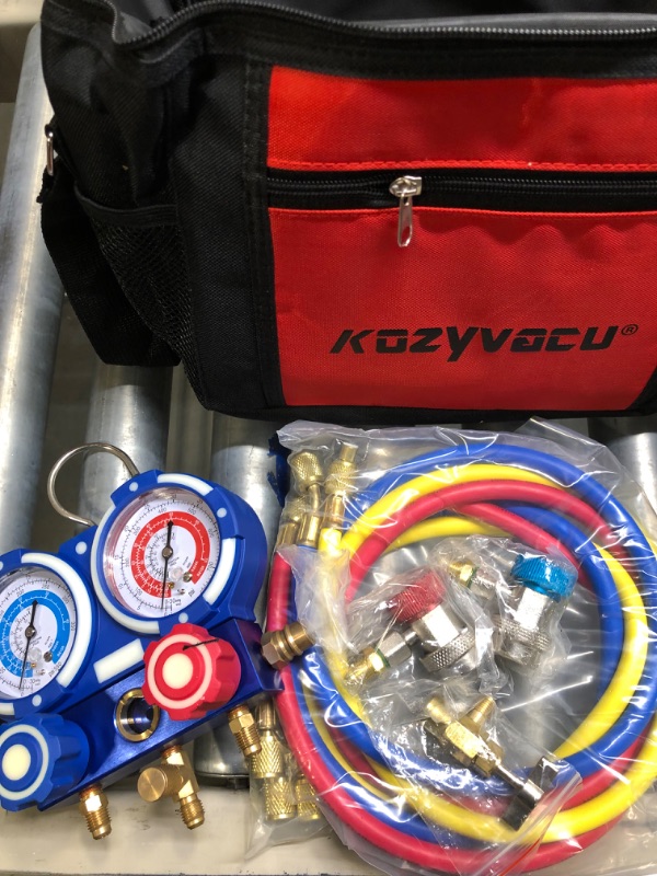 Photo 1 of Kozyvacu AUTO AC Repair Complete Tool Kit with 1-Stage 3.5 CFM Vacuum Pump, Manifold Gauge Set, Hoses and its Acccessories … (KZTA35011)