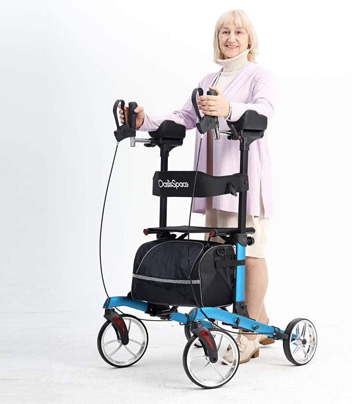 Photo 1 of OasisSpace Heavy Duty Upright Walker for 450 lb,Bariatric Upright Walker Rollator with Wide Seat,Stand up Rollator Mobility Walking Aid for Elderly, Seniors and Adult Blue
