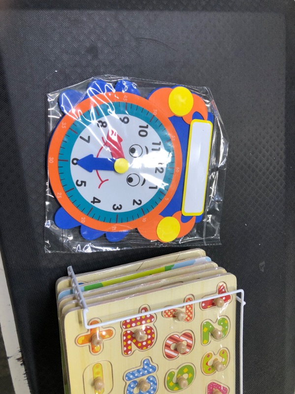 Photo 1 of Premium Wooden Toddler Puzzles and Rack Set - (6 Pack) with Storage Holder Rack and Learning Clock - Kids Educational Preschool Peg Puzzles for Children Babies Boys Girls - Alphabet Numbers Zoo Cars