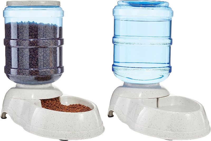 Photo 1 of 
Amazon Basics Automatic Dog Cat Water Dispenser Gravity Feeder and Waterer Set, Large, 12-Pound Food Capacity, 2.5-Gallon Capacity
