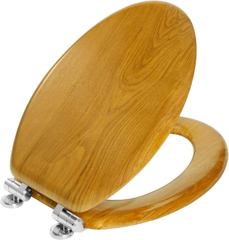 Photo 1 of Angel Shield Wood Veneer Natural Toilet Seat with Quiet Close, Easy Clean, Quick-Release Hinges (Elongated, Oak)
