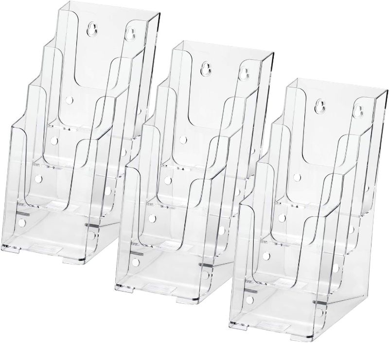 Photo 1 of Acrylic Brochure Holder, 4-Inch Wide 4 Tier Clear Literature Holder Premium Acrylic Pamphlet Holder Multi Pocket Brochure Display Stand, Wall Mount or Counter Top Use(5 Pack)
