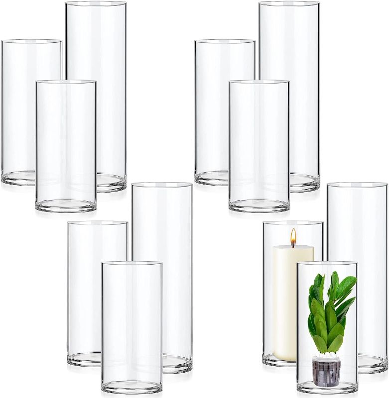 Photo 1 of 12 Pcs Hurricane Candle Holder 6/ 7/10 Inch Clear Glass Cylinder Vases Different Sizes Tall Vase Glass Vases for Flowers Vintage Decorative Centerpieces for Wedding Home Events

