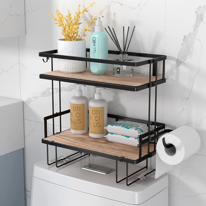 Photo 1 of  Over The Toilet Storage Shelf, Bathroom Storage Organizer with Wooden Bottom Plate & Adhesive Base, Toilet Storage Rack for Paper Towels Shampoos Bathroom Decor (Black, 2-Tier)