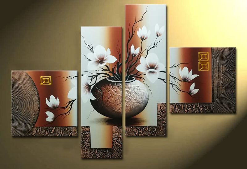 Photo 1 of Wieco Art -Stretched and Framed 100% Hand-painted Modern Canvas Wall Art Stretched and Framed Elegant Flowers for Home Decoration Floral Oil Paintings on Canvas 4pcs/set